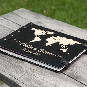 Wedding Guest Book World Map with Heart and Engraved Your Names and Date in Leather Bound Perfectly Preserve Guest Wishes image 4