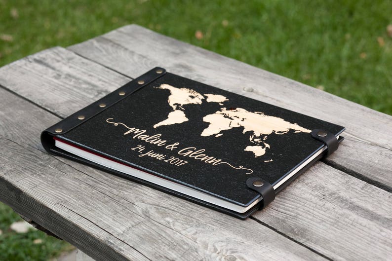 Wedding Guest Book World Map with Heart and Engraved Your Names and Date in Leather Bound Perfectly Preserve Guest Wishes image 4