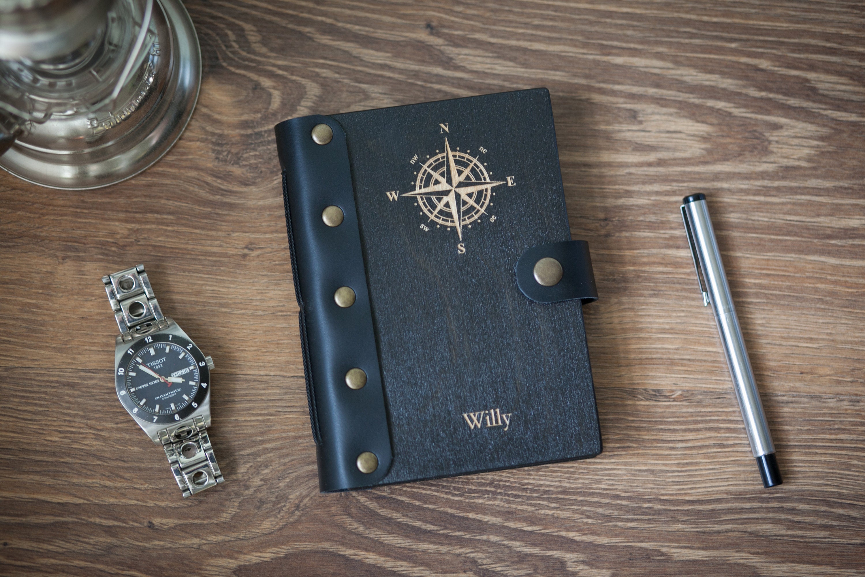 Wooden Journal With Compass Wooden Notebook Persinalized Etsy