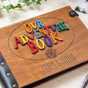 Custom Photo Album for Memories, Personalized Travel Scrapbook Keepsake, Adventure Book with Engraved Globe and Couple Names Gift for Her