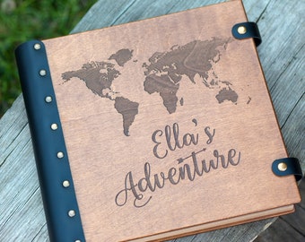 Wooden Photo Album, Custom Photo Album Adventure Awaits Gift for Her, World Map Photo Album, Capture Memories in Our Adventure Book