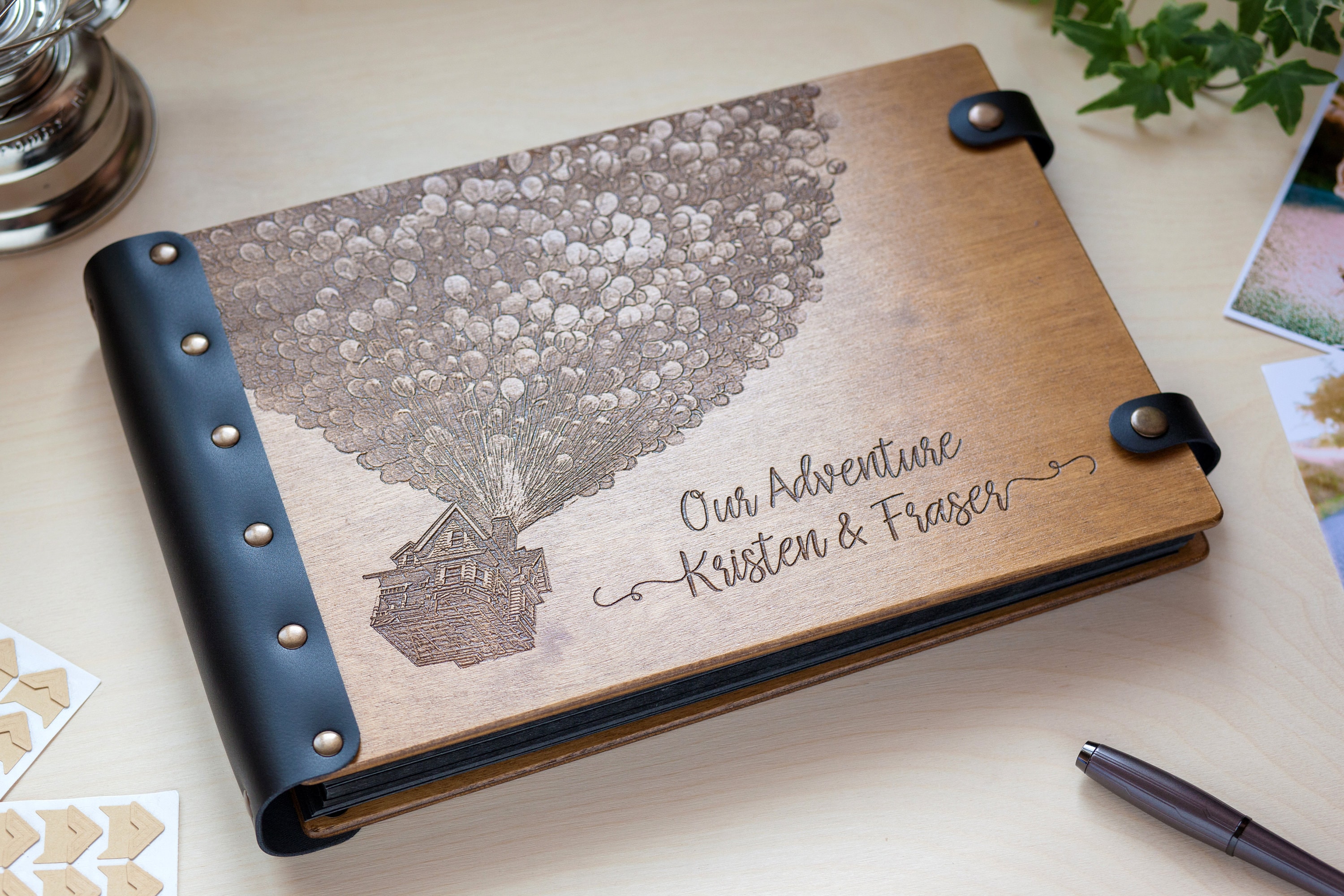 Wooden Our Adventure Book Engraved with Your Names and Important Date from Plywood in Leather Bound Great Gift for Wedding or Anniversary