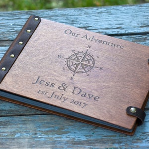 Wooden Photo Album with Compass, Scrapbook in Leather Bound, Family Vacation Album, Memory Book for Vacation, Gift for Brother image 2