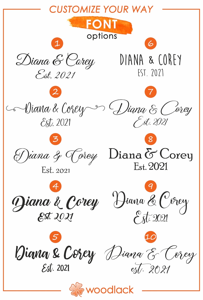 Puede incluir: Diez opciones de fuente diferentes para un letrero personalizado con el texto "Diana & Corey Est. 2021". Las fuentes se muestran en una cuadr&iacute;cula con un n&uacute;mero junto a cada fuente.