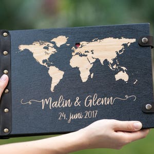 Wedding Guest Book World Map with Heart and Engraved Your Names and Date in Leather Bound Perfectly Preserve Guest Wishes image 1