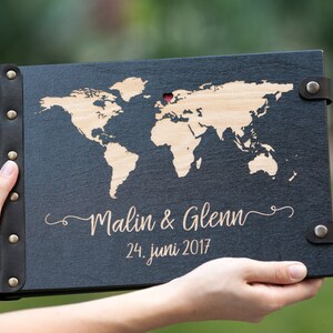 Wedding Guest Book World Map with Heart and Engraved Your Names and Date in Leather Bound Perfectly Preserve Guest Wishes image 1