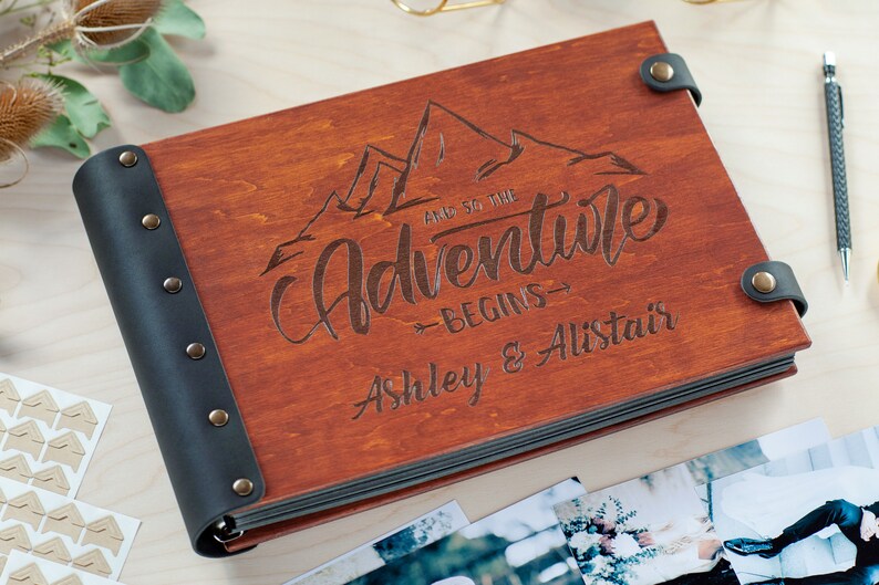 Personalized Adventure Book, Custom Engraved Wooden Photo Album with Mountains Design, Preserve Your Travel Memories in Memory Photo Book image 4