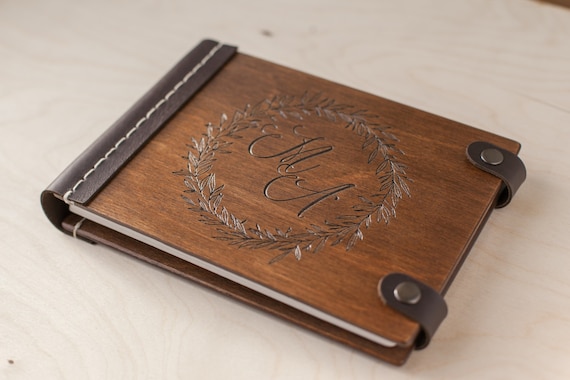 Wreath Guest Book With Stitched Leather Binding Wooden Wreath Guest Book With Stitched Leather
