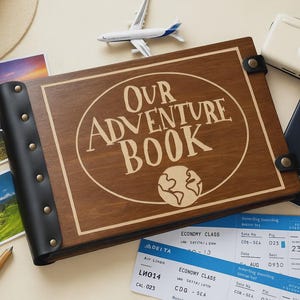 Custom Our Adventure Book, Personalized Wooden Scrapbook for Wedding or Anniversary, Rustic Photo Album from Plywood in Leather Bound