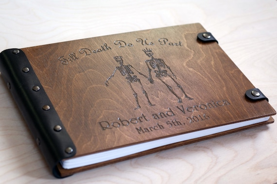 Gothic Guest Book with Engraved Skeleton Couple, Till Death Do Us Part Personalized Book, Wooden Guestbook for Halloween Wedding