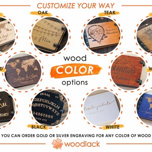 May include: A graphic showing different wood colours for a custom engraved wooden journal. The wood colours include maple, oak, teak, walnut, rosewood, mahogany, light black, black, white, and custom. The text "wood colour options" is in a large orange font. The text "You can order gold or silver engraving for any colour of wood" is at the bottom of the graphic.
