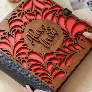 Engraved Large Wedding Photo Album, Personalized Wooden Scrapbook for Couples, Custom Keepsake Book