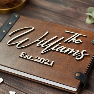 Custom Wedding Guest Book, Rustic Personalized Guestbook, Wooden Last Name Guestbook with Wedding Date, Leather Bound Wedding Book