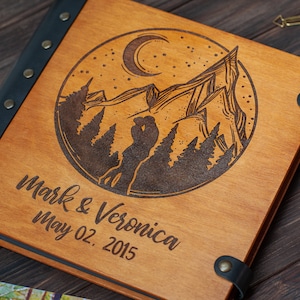 Photo Album for Mountain Wedding Memories, Couples Scrapbook Wood Photo Album, Travel Photo Book with Names and Date Ideal Gift for Him