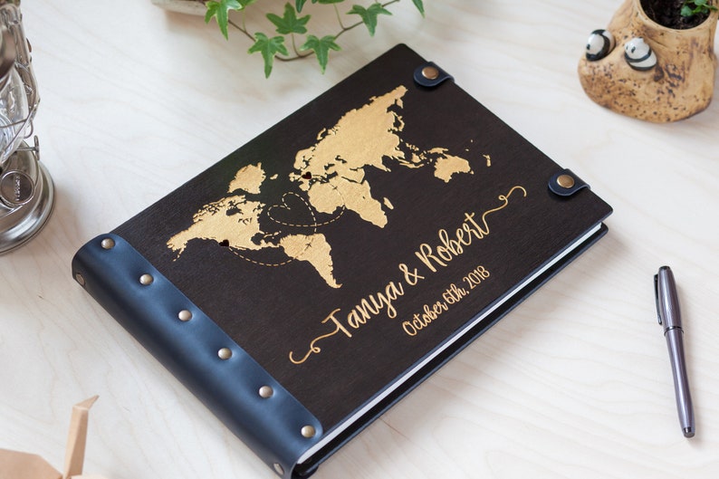 Guest Book World Map, Wedding Guestbook Golden Map, Wooden Guest Book Couple Wedding Gift, Unique Guest Book, Engraved Guest Book image 4