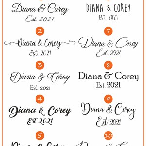 May include: Ten different font options for a personalised sign with the text "Diana & Corey Est. 2021". The fonts are displayed in a grid with a number next to each font.