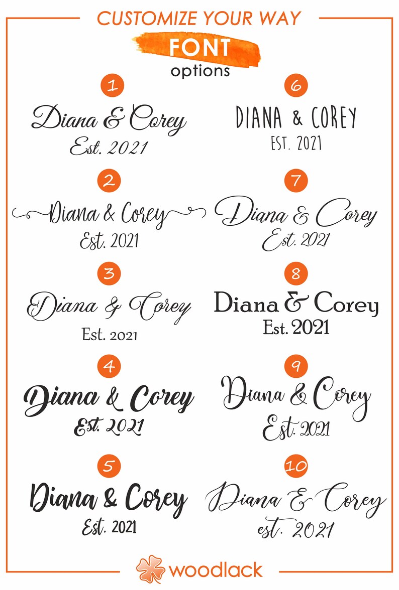 May include: Ten different font options for a personalised sign with the text "Diana & Corey Est. 2021". The fonts are displayed in a grid with a number next to each font.