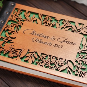 Wood Carved Flower Wedding Guest Book Engraved with Names and Dates of the Wedding Anniversary for Keeping Notes from Guests image 2