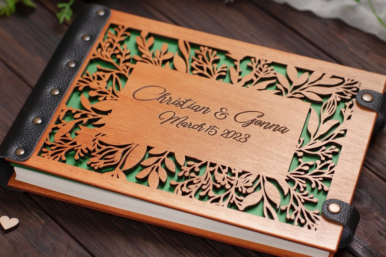 Wood Carved Flower Wedding Guest Book Engraved with Names and Dates of the Wedding Anniversary for Keeping Notes from Guests image 2