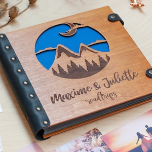 Custom Family Photo Album with Mountains, Travel Book Photo Album, Wood Scrapbook Anniversary Gift, Road Trips Memory Book, Travel Album