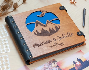 Personalized Photo Album with Mountain, Travel Photo Album, Adventure Photo Book, Custom Travel Scrapbook, Wood Photo Album, Family Gift