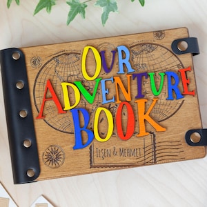 Adventure Book Wedding Photo Album, Travel Journal Our Adventure Awaits, Photo Album Travel Scrapbook for Road Trip Memories, Wooden Album