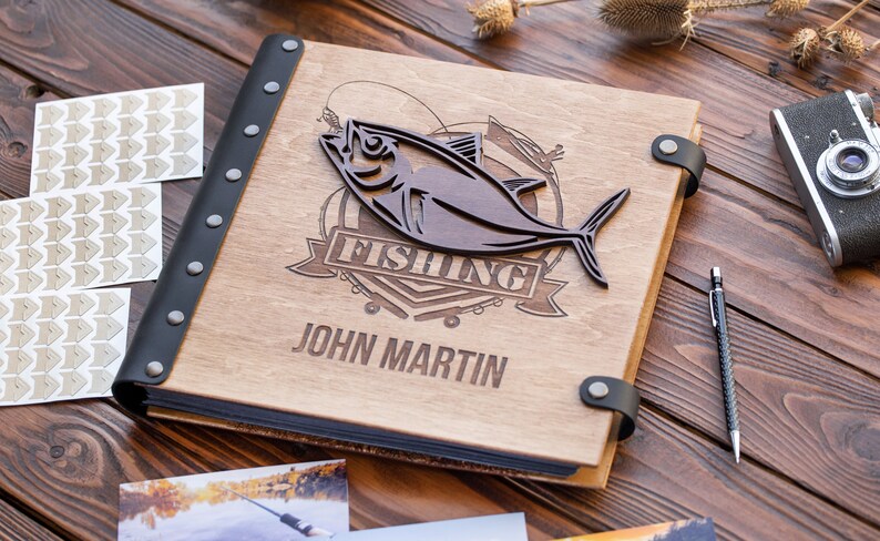 Wooden Photo Album for Fisherman with 3D Fish Personalized Book for Scrapbooks and Photos From Fishing or Hunting Great Gift for Husband image 6