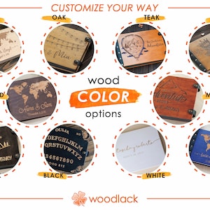 May include: A selection of wooden journals and notebooks in various wood color options, including Maple, Oak, Teak, Walnut, Rosewood, Mahogany, Light Black, Black, White, and Custom. Each journal features unique designs and personalization options.