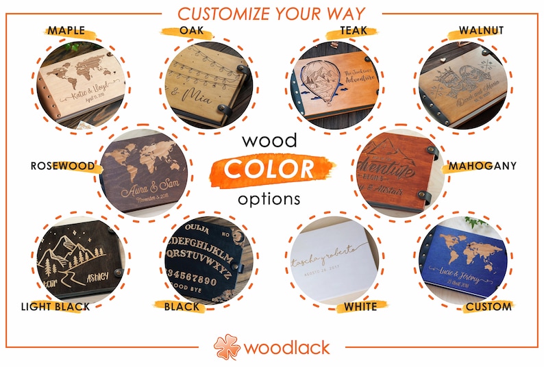 May include: A selection of wooden journals and notebooks in various wood color options, including Maple, Oak, Teak, Walnut, Rosewood, Mahogany, Light Black, Black, White, and Custom. Each journal features unique designs and personalization options.