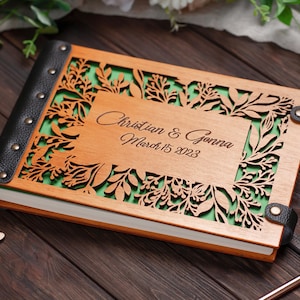 Wood Carved Flower Wedding Guest Book Engraved with Names and Dates of the Wedding Anniversary for Keeping Notes from Guests image 4