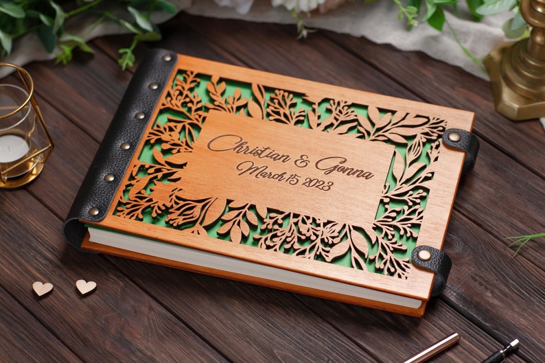 Wood Carved Flower Wedding Guest Book Engraved with Names and Dates of the Wedding Anniversary for Keeping Notes from Guests image 4