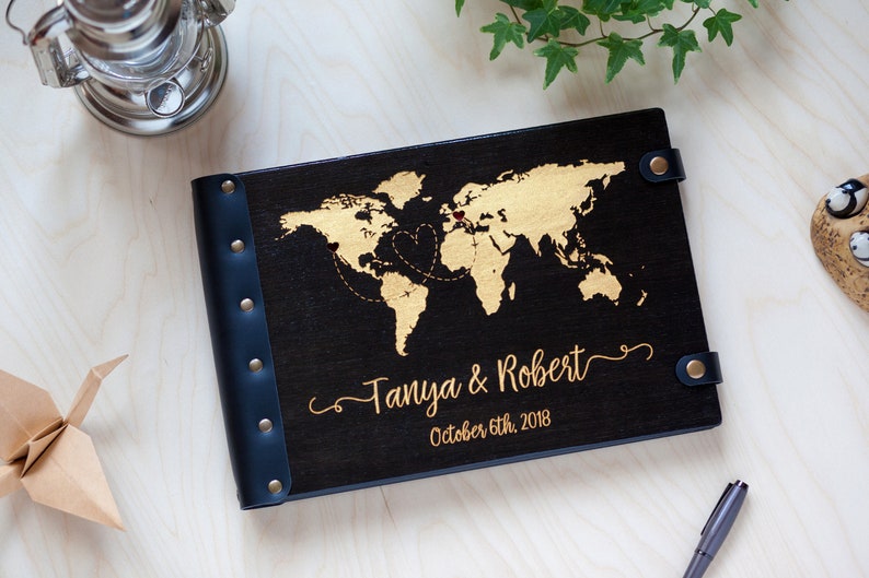 Guest Book World Map, Wedding Guestbook Golden Map, Wooden Guest Book Couple Wedding Gift, Unique Guest Book, Engraved Guest Book image 1