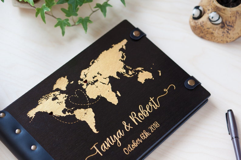 Guest Book World Map, Wedding Guestbook Golden Map, Wooden Guest Book Couple Wedding Gift, Unique Guest Book, Engraved Guest Book image 3