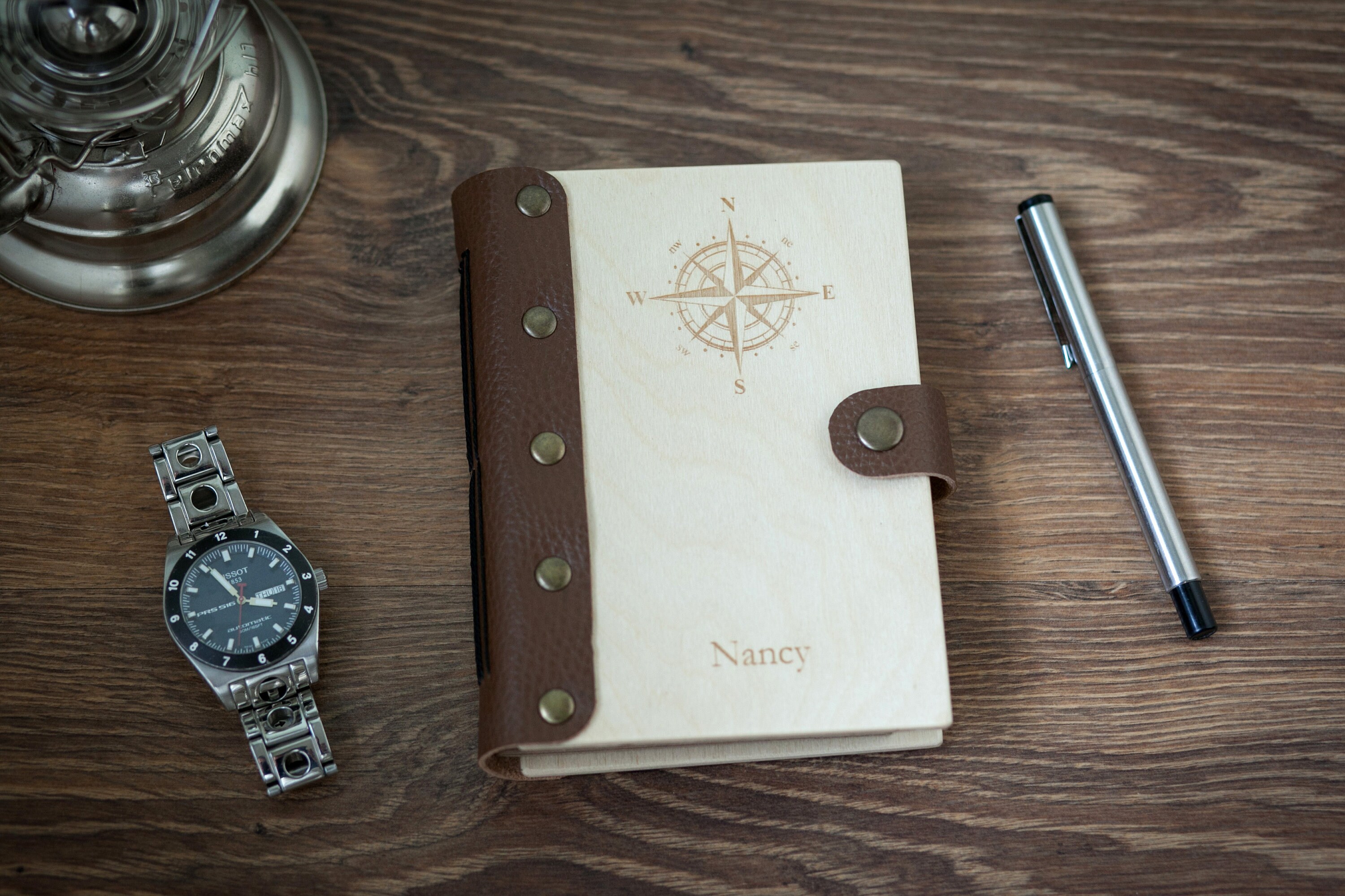 Wooden Journal With Compass Wooden Notebook Persinalized Etsy