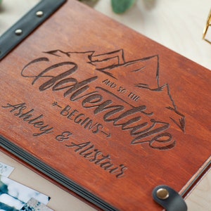 Personalized Adventure Book, Custom Engraved Wooden Photo Album with Mountains Design, Preserve Your Travel Memories in Memory Photo Book image 1