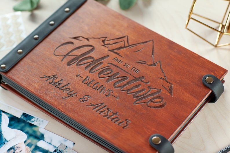 Personalized Adventure Book, Custom Engraved Wooden Photo Album with Mountains Design, Preserve Your Travel Memories in Memory Photo Book image 1