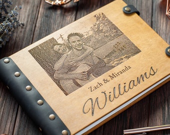 Wedding Guest Book with Custom Photo, Wood Engraved Photo Guest Book, Personalized Guestbook Gift for Couple, Guest Book Wedding Gift
