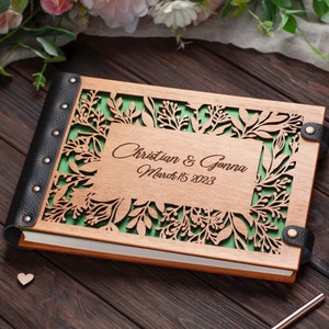 Wood Carved Flower Wedding Guest Book Engraved with Names and Dates of the Wedding Anniversary for Keeping Notes from Guests image 3