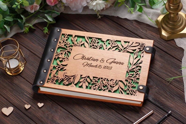 Wood Carved Flower Wedding Guest Book Engraved with Names and Dates of the Wedding Anniversary for Keeping Notes from Guests image 3