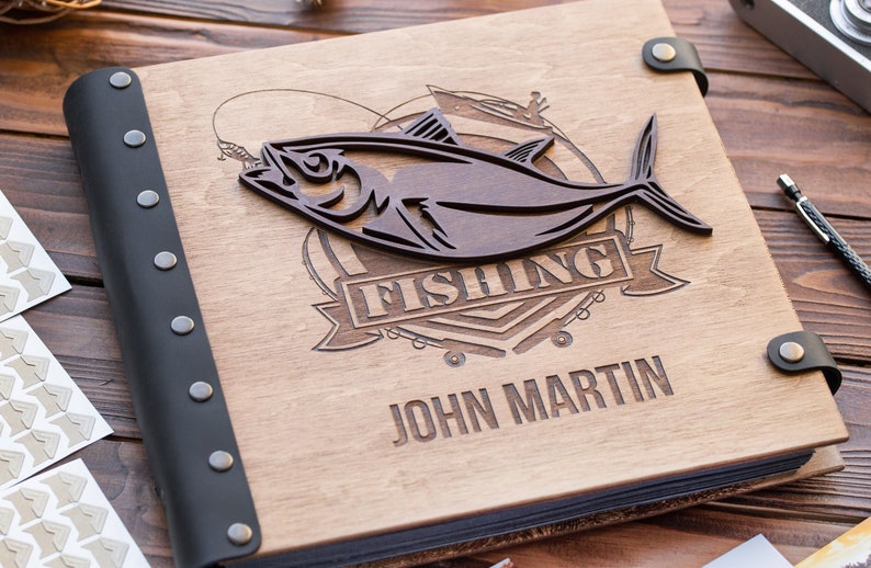 Wooden Photo Album for Fisherman with 3D Fish Personalized Book for Scrapbooks and Photos From Fishing or Hunting Great Gift for Husband image 2