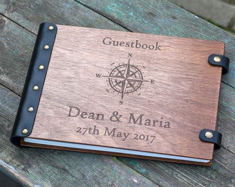 Rustic Style Wedding Guest Book with Compass Engraved with Your Names and Solemn Date Great Gift for Newlyweds to Keep Wedding Guest Notes