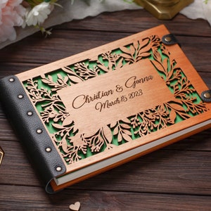 Wood Carved Flower Wedding Guest Book Engraved with Names and Dates of the Wedding Anniversary for Keeping Notes from Guests image 5