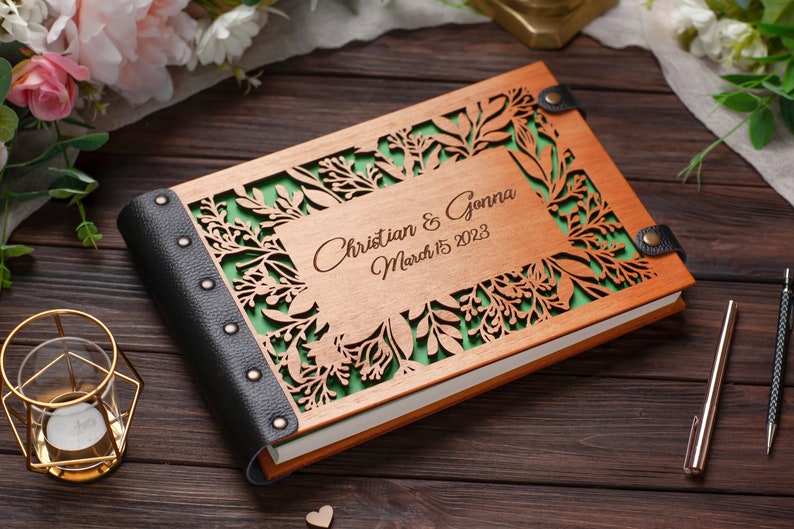 Wood Carved Flower Wedding Guest Book Engraved with Names and Dates of the Wedding Anniversary for Keeping Notes from Guests image 5