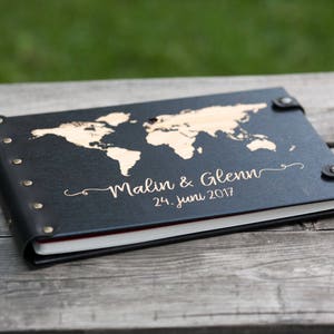 Wedding Guest Book World Map with Heart and Engraved Your Names and Date in Leather Bound Perfectly Preserve Guest Wishes image 3