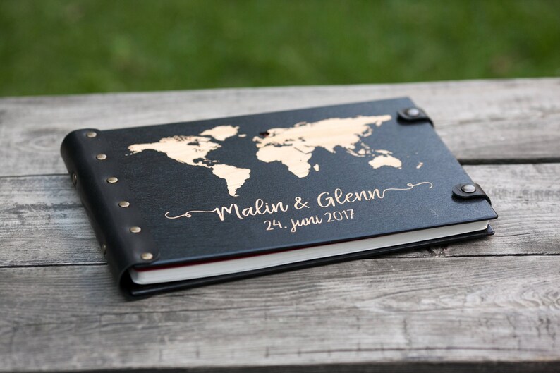 Wedding Guest Book World Map with Heart and Engraved Your Names and Date in Leather Bound Perfectly Preserve Guest Wishes image 3