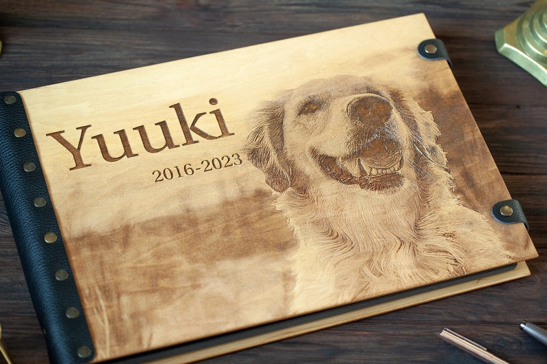 Wooden Photo Album, Dog Memory Photo Album for Precious Memories, Pet Remembrance Custom Pet Portrait from Photo Pet Loss Gifts image 1