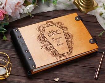 Gothic Coffin Wedding Guest Book, Till Death Do Us Part Goth Wedding, Alternative Wedding Guest Book for Anniversaries, Wood Guestbook