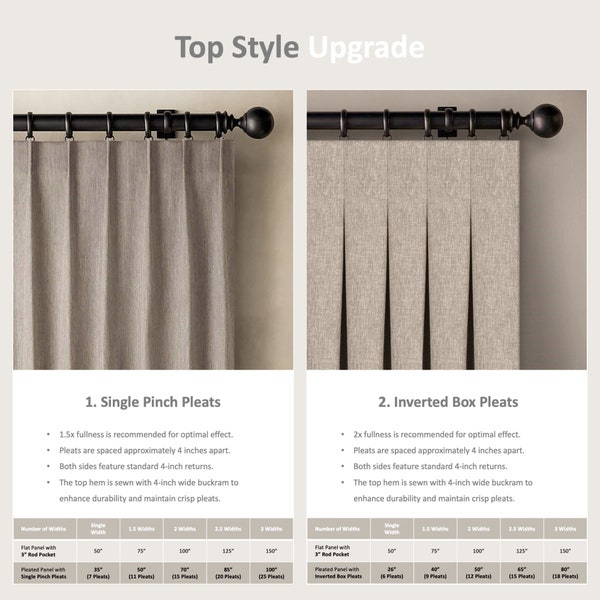 TOP STYLE Upgrade to Custom Drapes; Pinch Pleats;Tailored Euro Pleats;  Box Pleats; Top, Back Tabs; Metal Grommets; Header; Shower Curtain