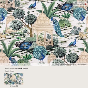 Peacock Bloom; Color Emerald; Nature Botanical Garden Blue Green; Cotton Curtain, Valance; Pleated, Lined Drapery Panel offered as upgrades
