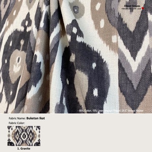 Buketan Ikat; Color Granite; Geometric Gray Brown Beige; Linen Blend Curtain, Valance; Pleated, Lined Drapery Panel offered as upgrades